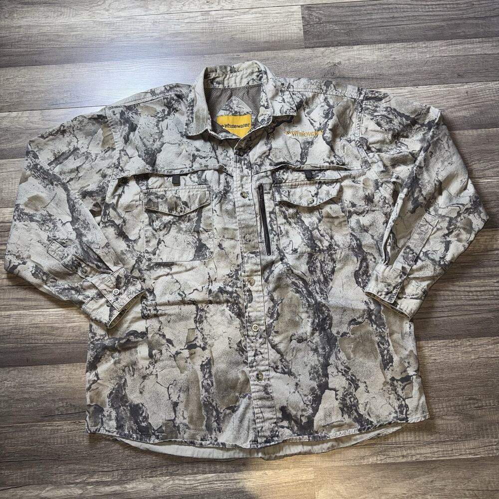 Whitewater Camo Fishing Shirt Mens L Vented Outdoor Long Sleeve Button Up Huntin